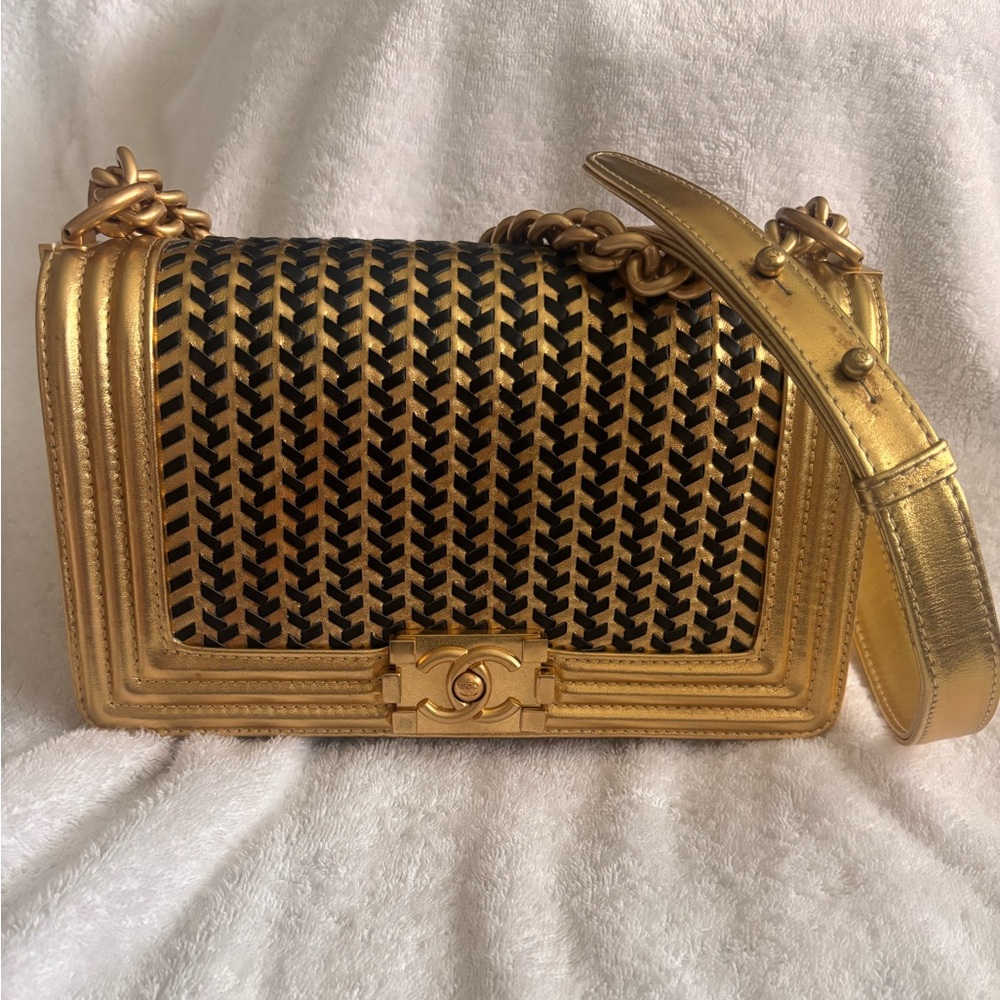Chanel Gold and Black Crossbody Bag with Intricate Weaving